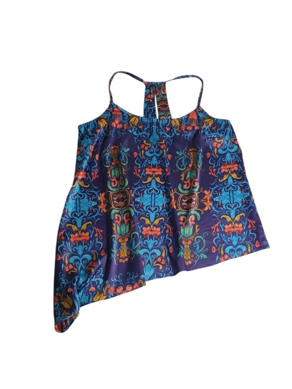 Nicole Miller Multicolor Damask Print Asymmetrical Strap Racerback Tank Large